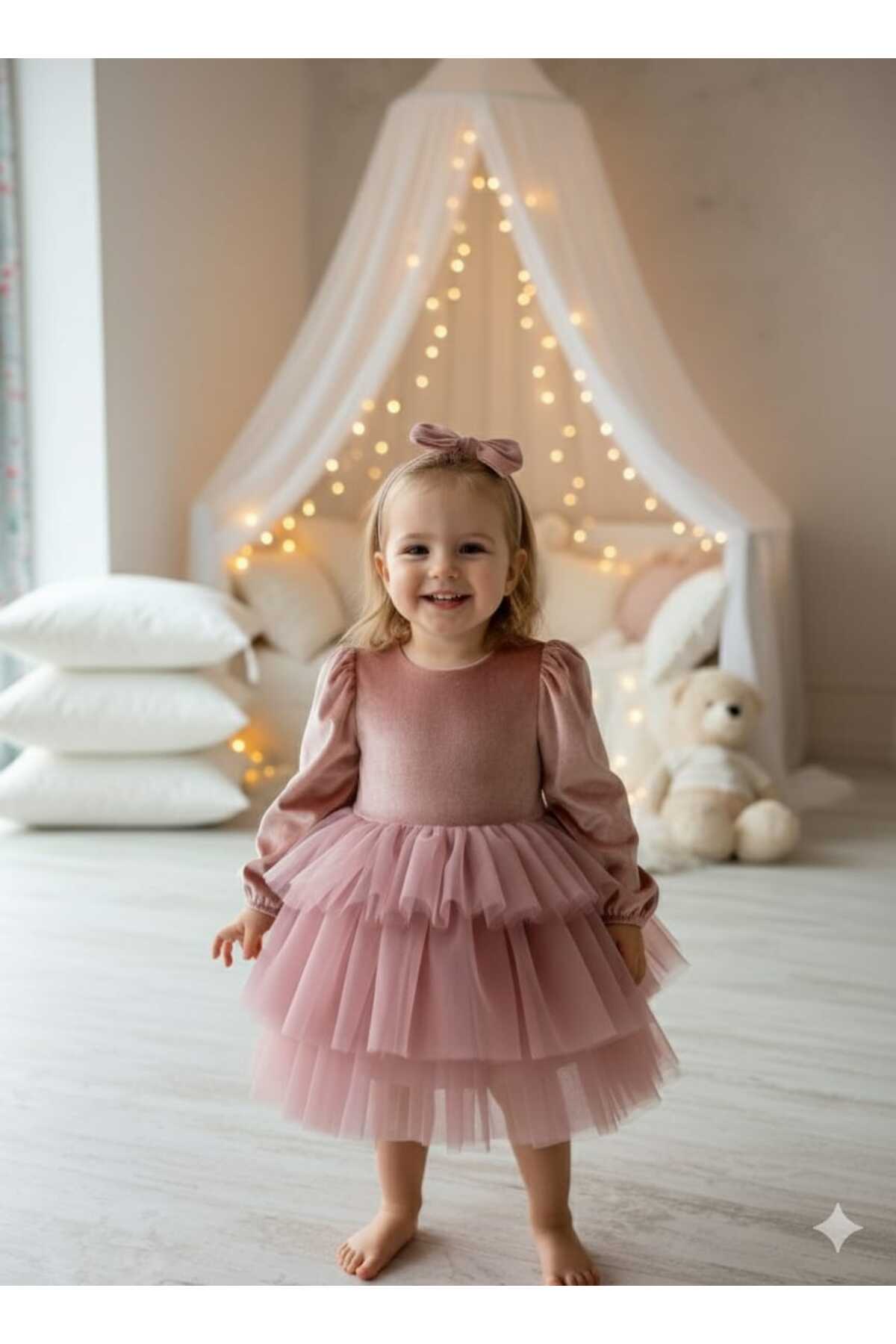 Dusty Rose Baby Girl Velvet Dress with Long Sleeve Tiered Skirt - Gloria