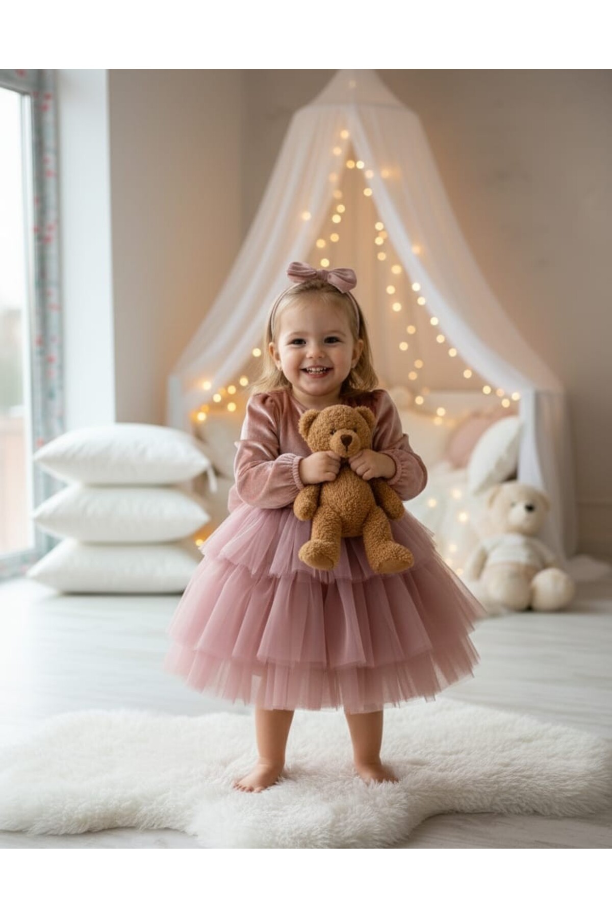 penu baby kids Gül Kurusu Uzun Kol Kat Etekli Kadife Kız Çocuk Bebek Elbise - Gloria fotoğrafı 3 (önizleme)