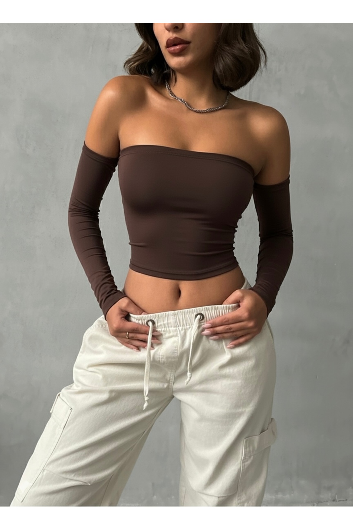 The Base  Kadın Kahverengi Scuba Straplez Crop Top