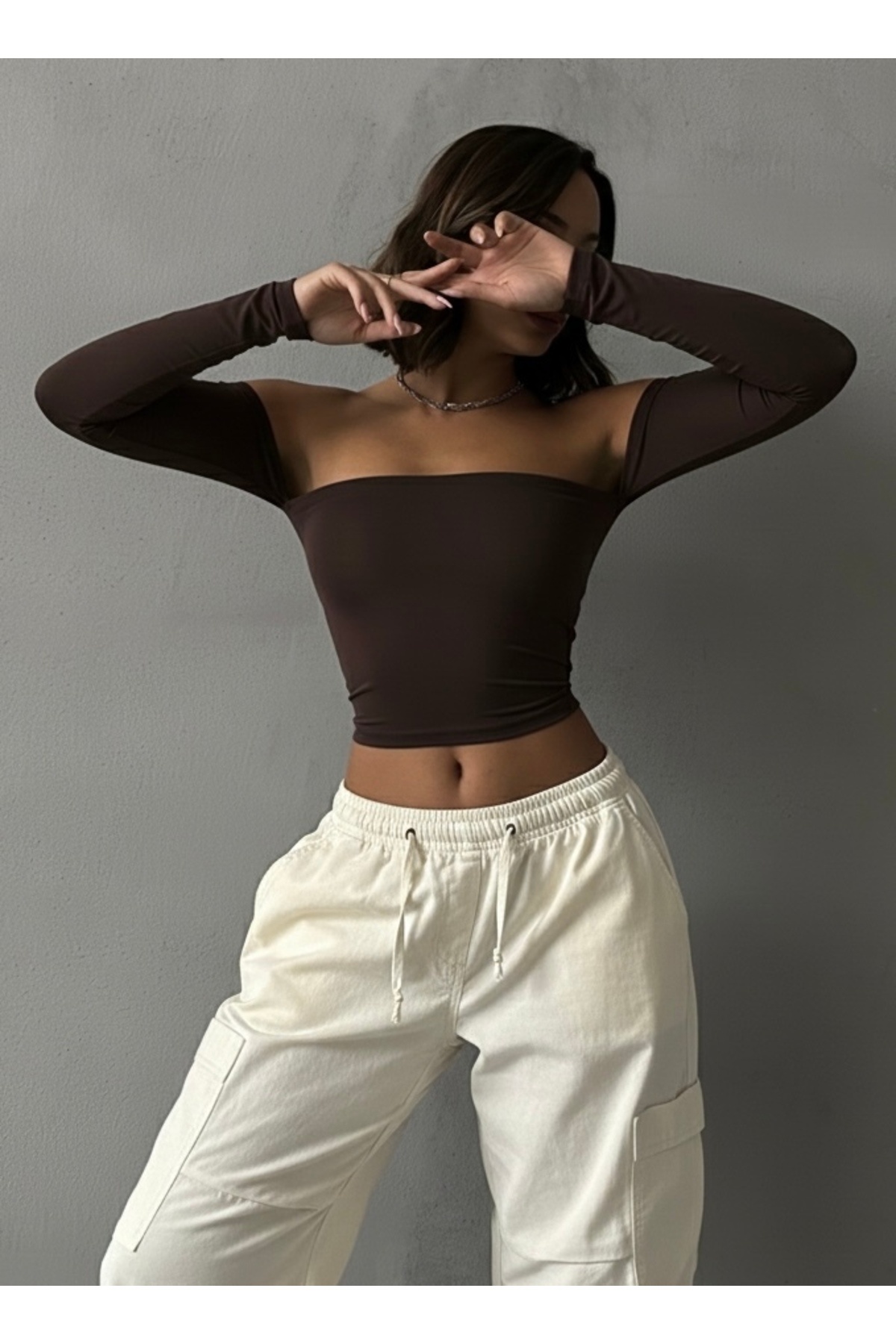 The Base  Kadın Kahverengi Scuba Straplez Crop Top - Görsel 3