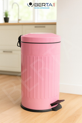 Berta Hijyen Vintage Pembe Çöp Kovası Amortisörlü Kapak Çizgili Lüks Model 16lt