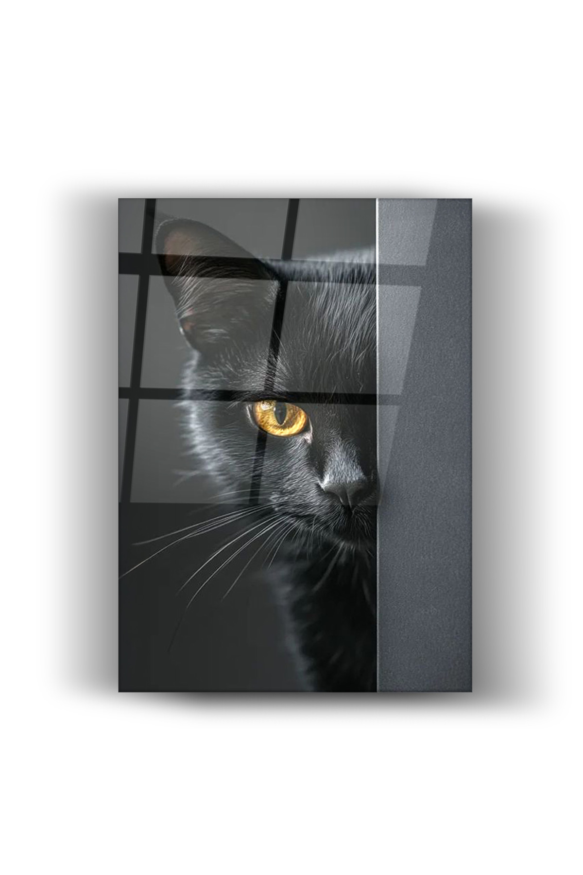 Siyah Kedi Cam Tablo – Modern Ev ve Ofis Duvar Dekorasyonu, Şık Minimal Cam Tablo