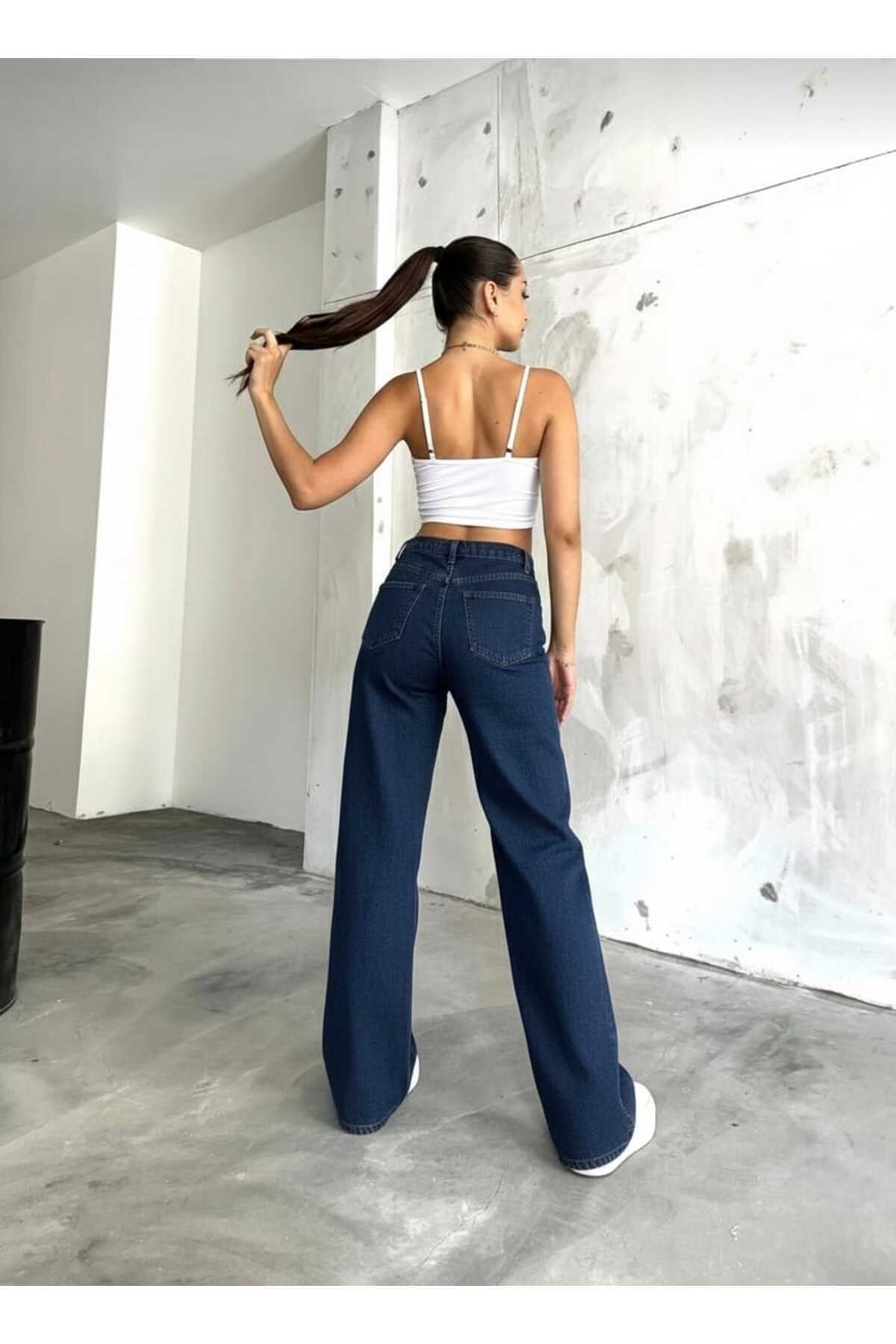 NWC  Valentina Likralı Salaş Kadın Mavi Lacivert Süper Yüksek Bel Salaş Paça Denim Kot Pantolon - Görsel 6