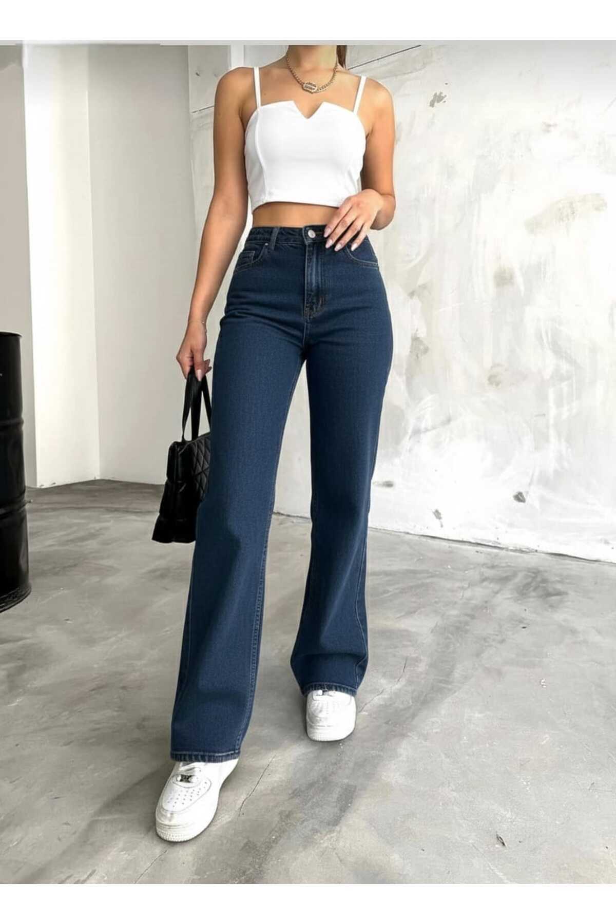 NWC  Valentina Likralı Salaş Kadın Mavi Lacivert Süper Yüksek Bel Salaş Paça Denim Kot Pantolon - Görsel 3