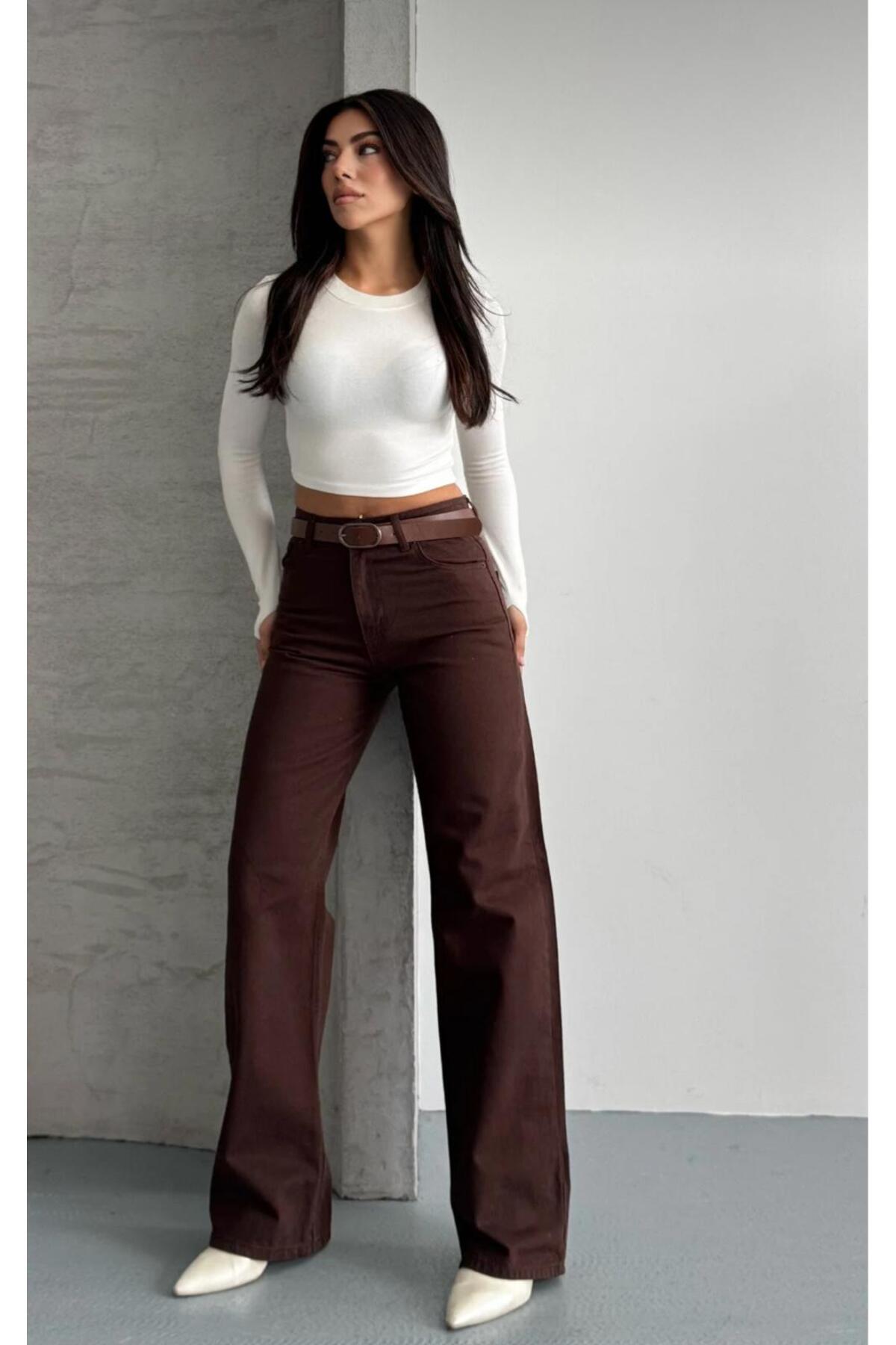 ON KLEEM  Kahverengi Yüksekbel Straight Fit Geniş Paça Pantolon (KEMER DAHİL DEGİL) - Görsel 3