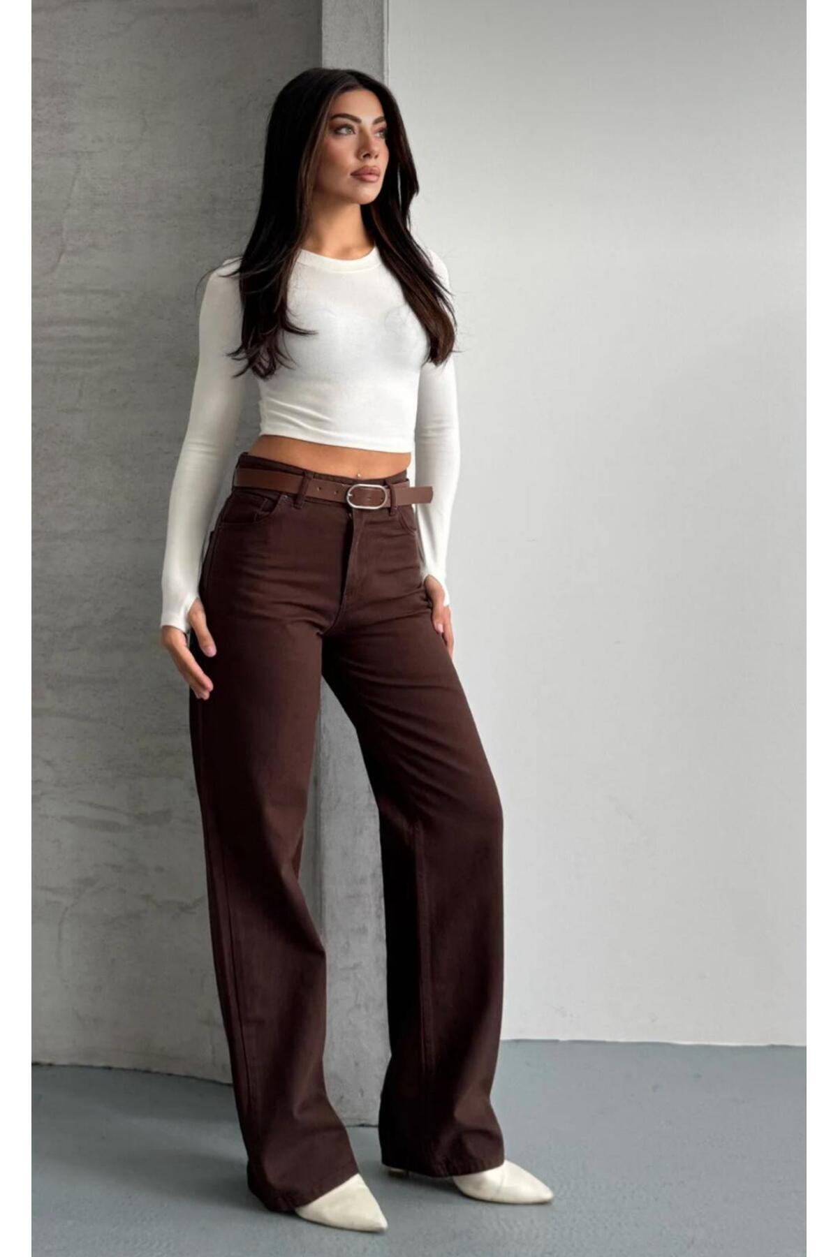 ON KLEEM  Kahverengi Yüksekbel Straight Fit Geniş Paça Pantolon (KEMER DAHİL DEGİL) - Görsel 2