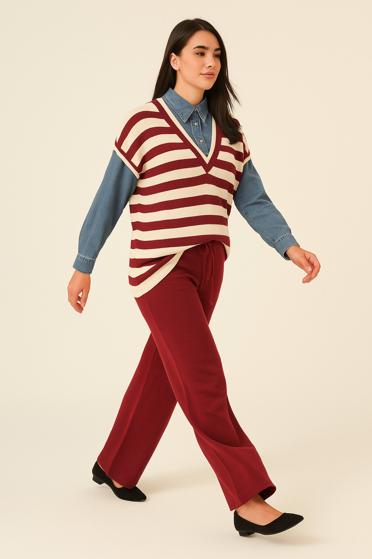 bezeXL Büyük Beden Kol Yaka Kot Bordo İkili Triko Takım