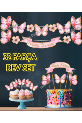 Hiras Dizayn 32 Parça Kelebek Temalı Altın Işıltılı Özel Günler İçin Süs Bann...