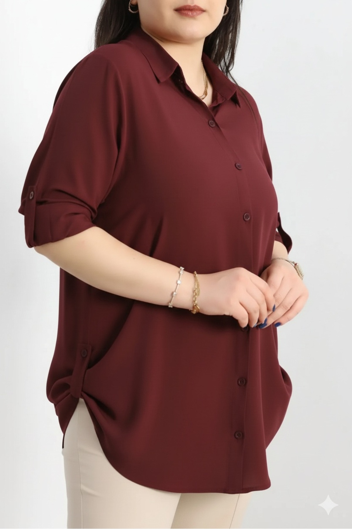 FOR ESRA BIG TREND Kadın Büyük Beden Koyu Bordo Düz Renk Kol Ve Yan Katlamalı Dokuma Viskon Gömlek görsel 4