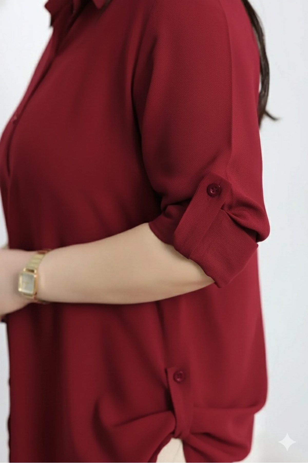 FOR ESRA BIG TREND Kadın Büyük Beden Koyu Bordo Düz Renk Kol Ve Yan Katlamalı Dokuma Viskon Gömlek görsel 3