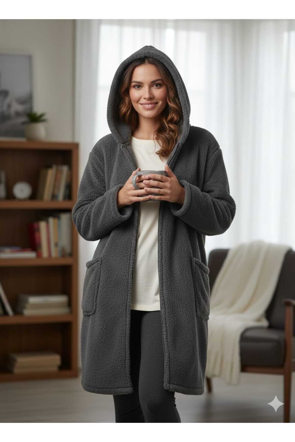 Wellsoft Fermuarlı Kapüşonlu Uzun Polar Hırka Unisex Oversize ( Ev Ve Dış Giyime Uygundur ) — خاکستری 25 — تصویر 2 از 4
