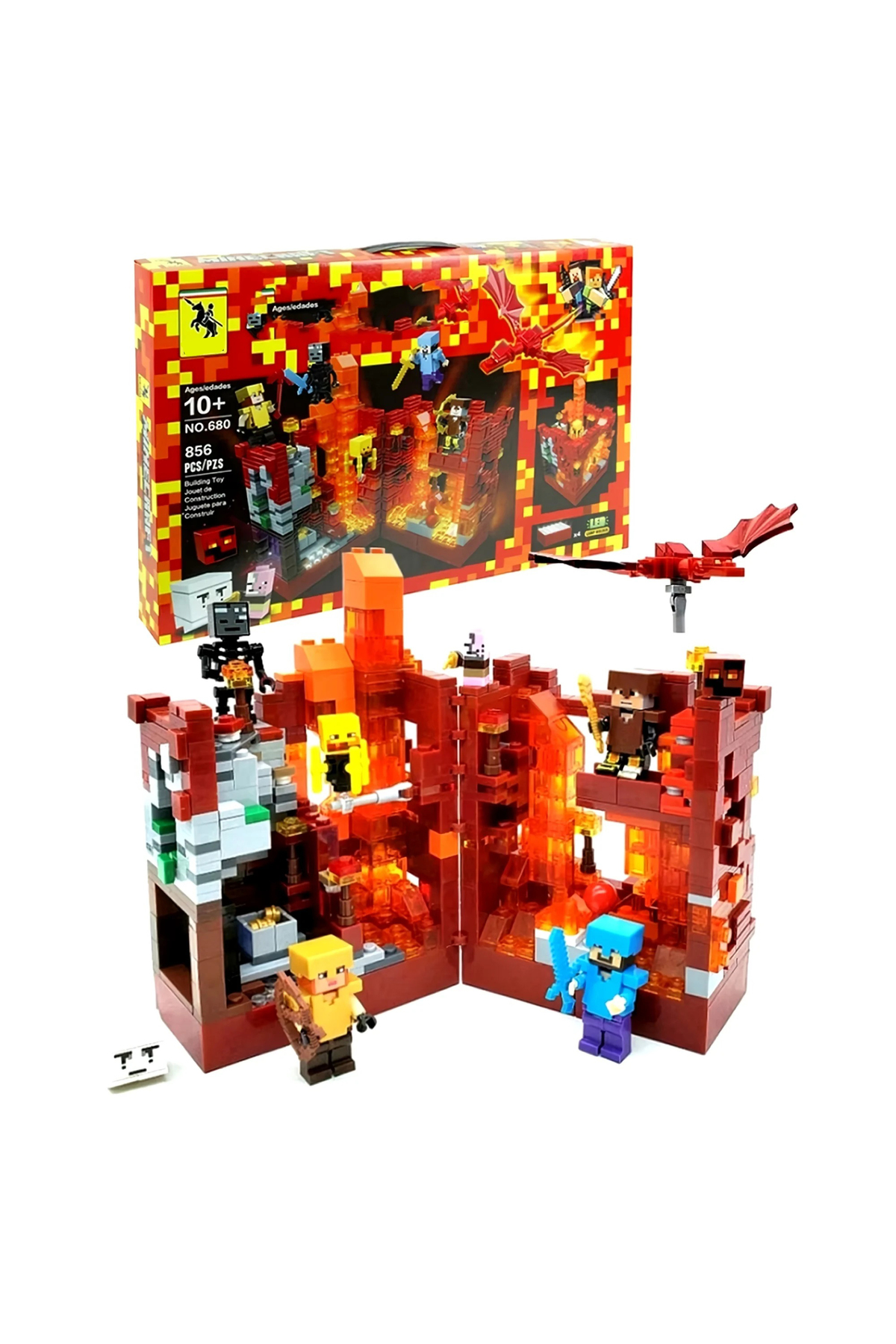 ست ۸۵۶ تکه بلوک‌های ساختنی ترسناک با چراغ‌های LED، اسباب‌بازی بازی پیکسلی DIY برای کودکان، مجموعه بازی نبرد ماینکرفت