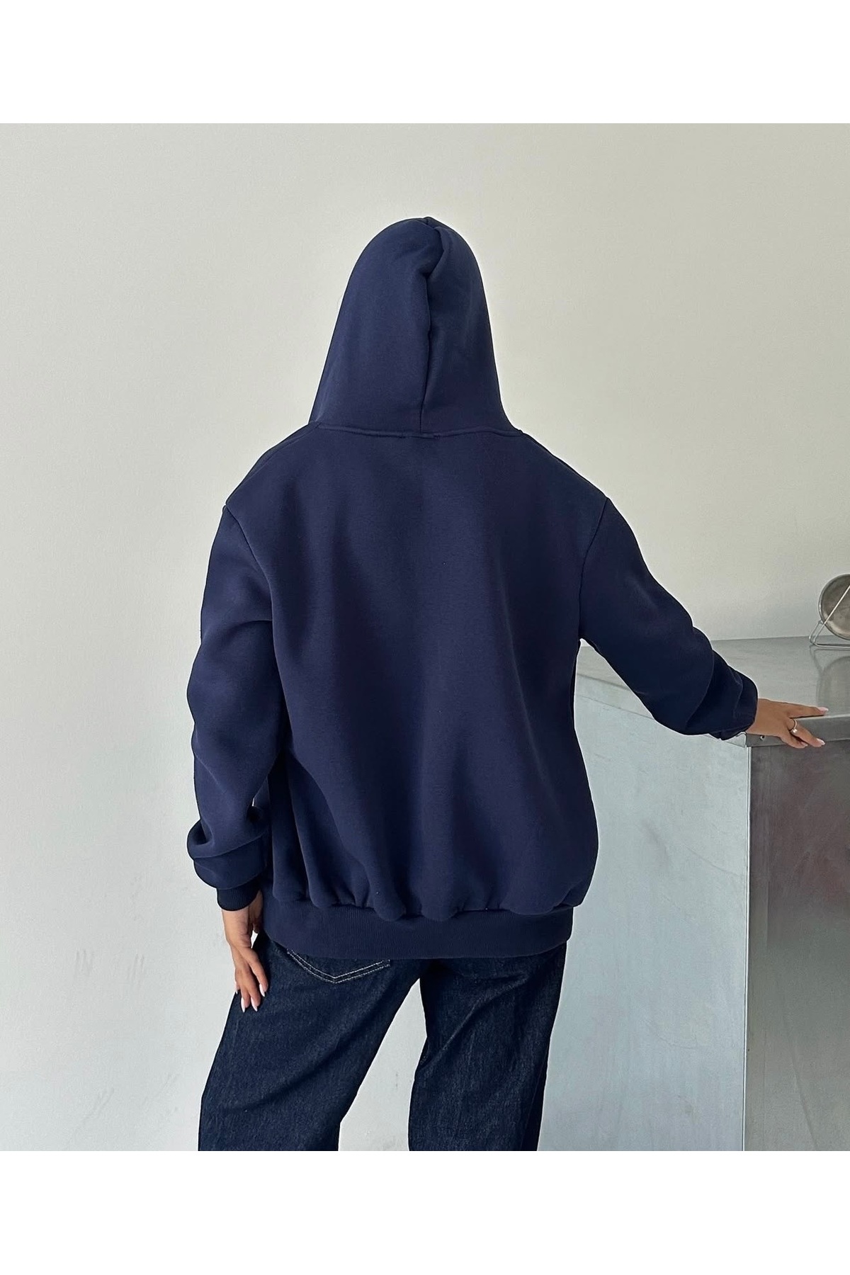 Wyv Kadın 3 İplik kompak penye pomuk unisex Oversize Fermuarlı Kapüşonlu Cepli hırka Sweatshirt Hoodie görsel 3