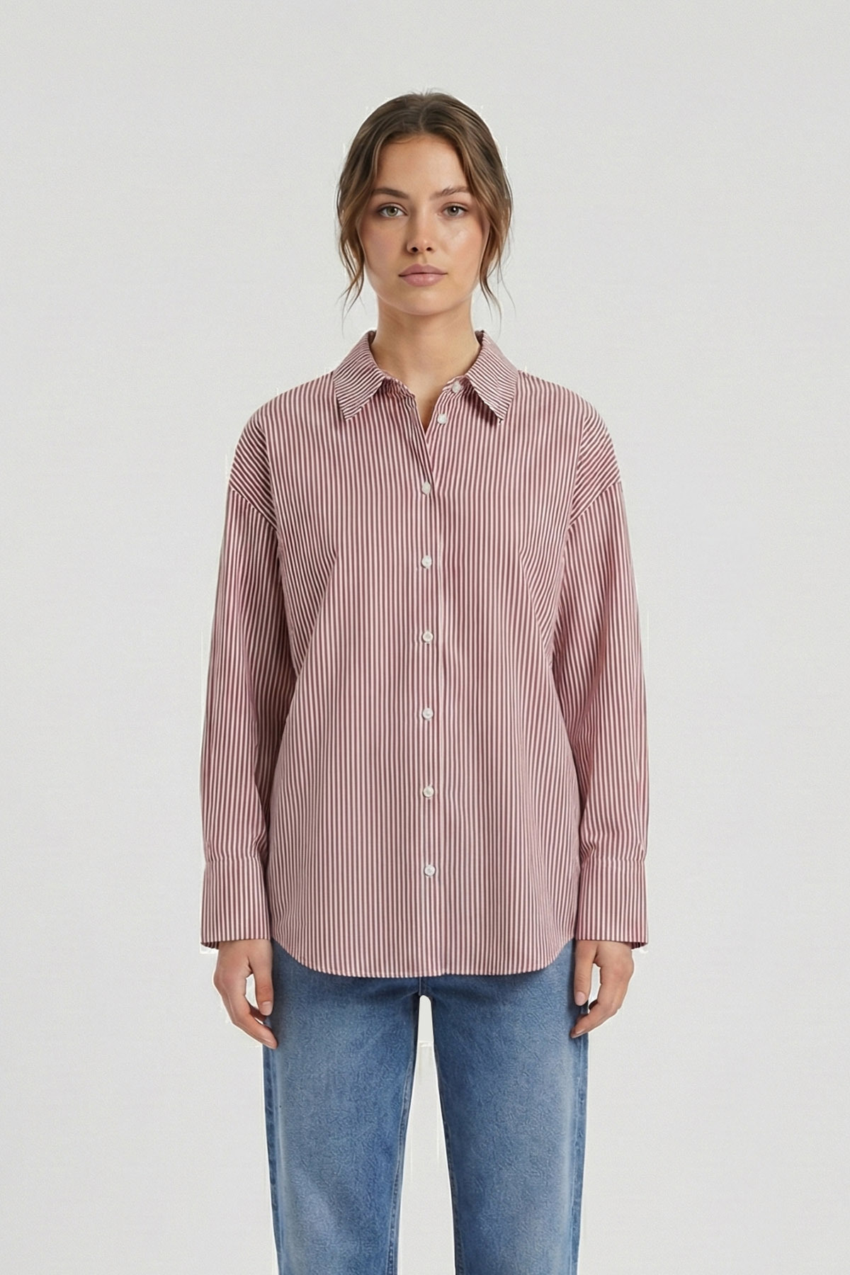 SEVİLEN  Gold CVC Dokulu "No-Iron Effect" Oversize Çizgili Gömlek - Görsel 2