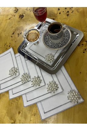 MİNOZA 6 Adet İnci Broşlu Nakışlı Leke Tutmaz Keten Gardenya Kumaş Kokteyl & ...