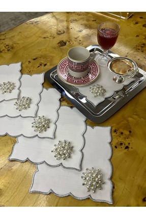 MİNOZA 6 Adet İnci Broşlu Kenar Nakışlı Leke Tutmaz Gardenya Kumaş Kokteyl & ...