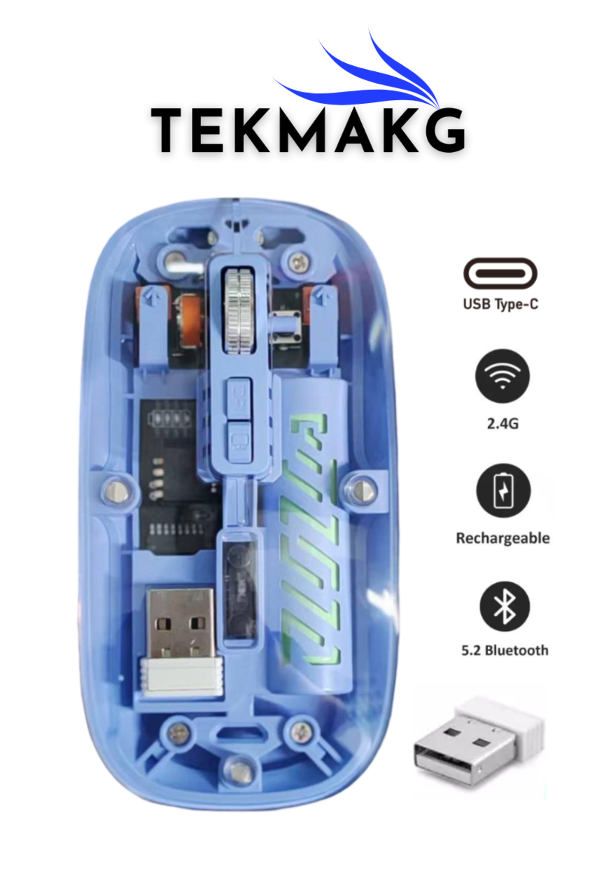 1201 Şeffaf Kablosuz Mouse Type-C Şarjlı Bluetooth 5.2 + 2.4G Çift Mod Optik Mouse