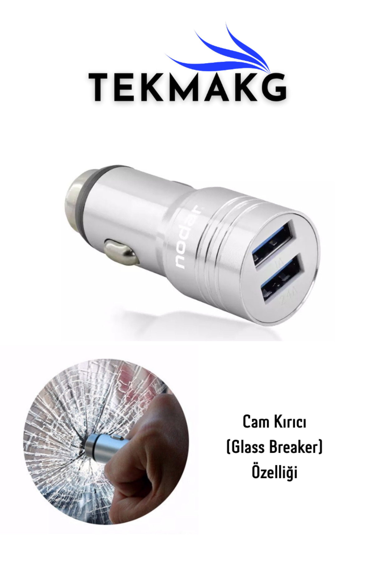 Araç Şarj Aleti | 3.4A Çift USB | Hızlı Şarj | Metal Tasarım | Cam Kırıcı | 1075