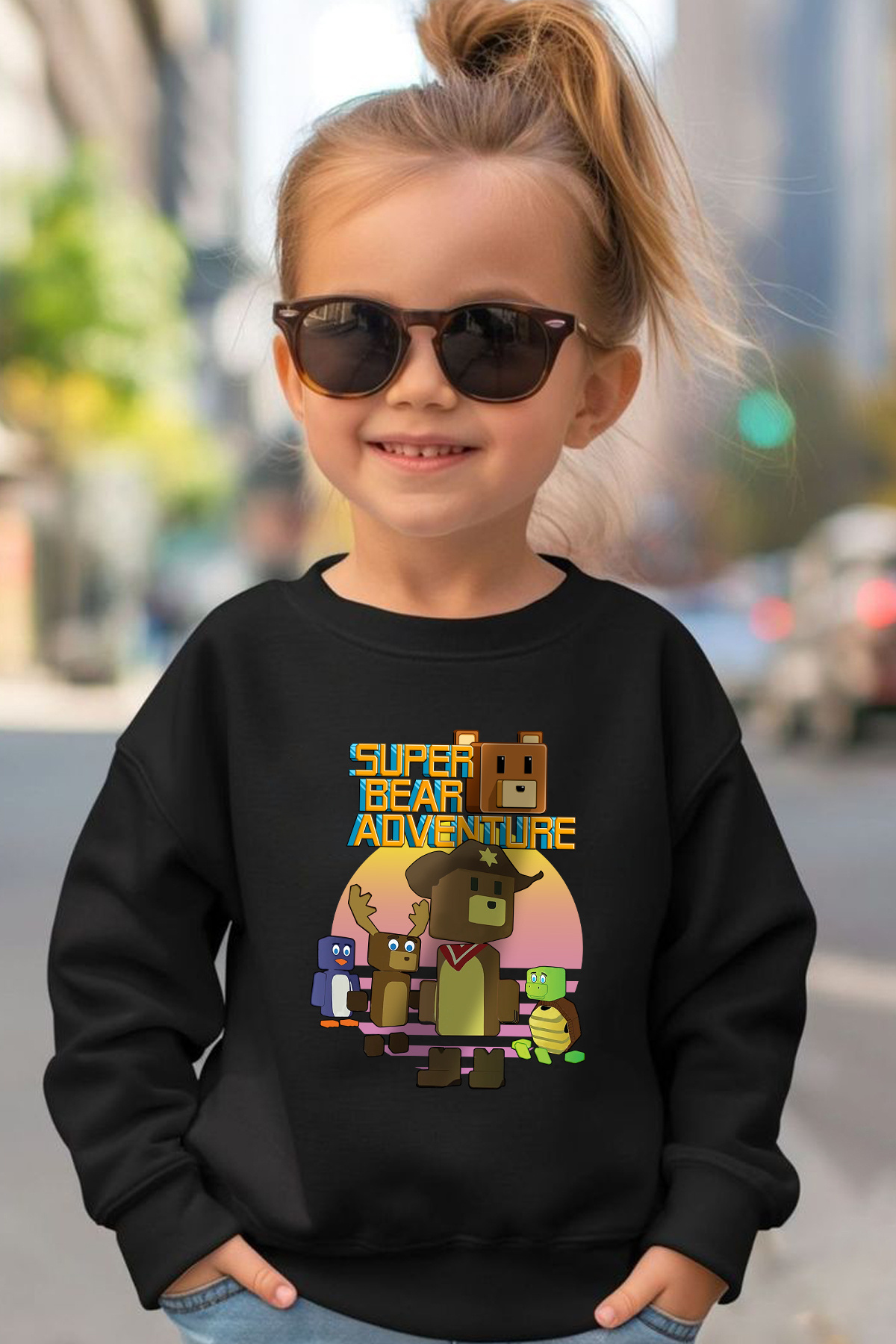 Super Bear Play Character Printed Boy and Girl Black Pink Blue Sweatshirt