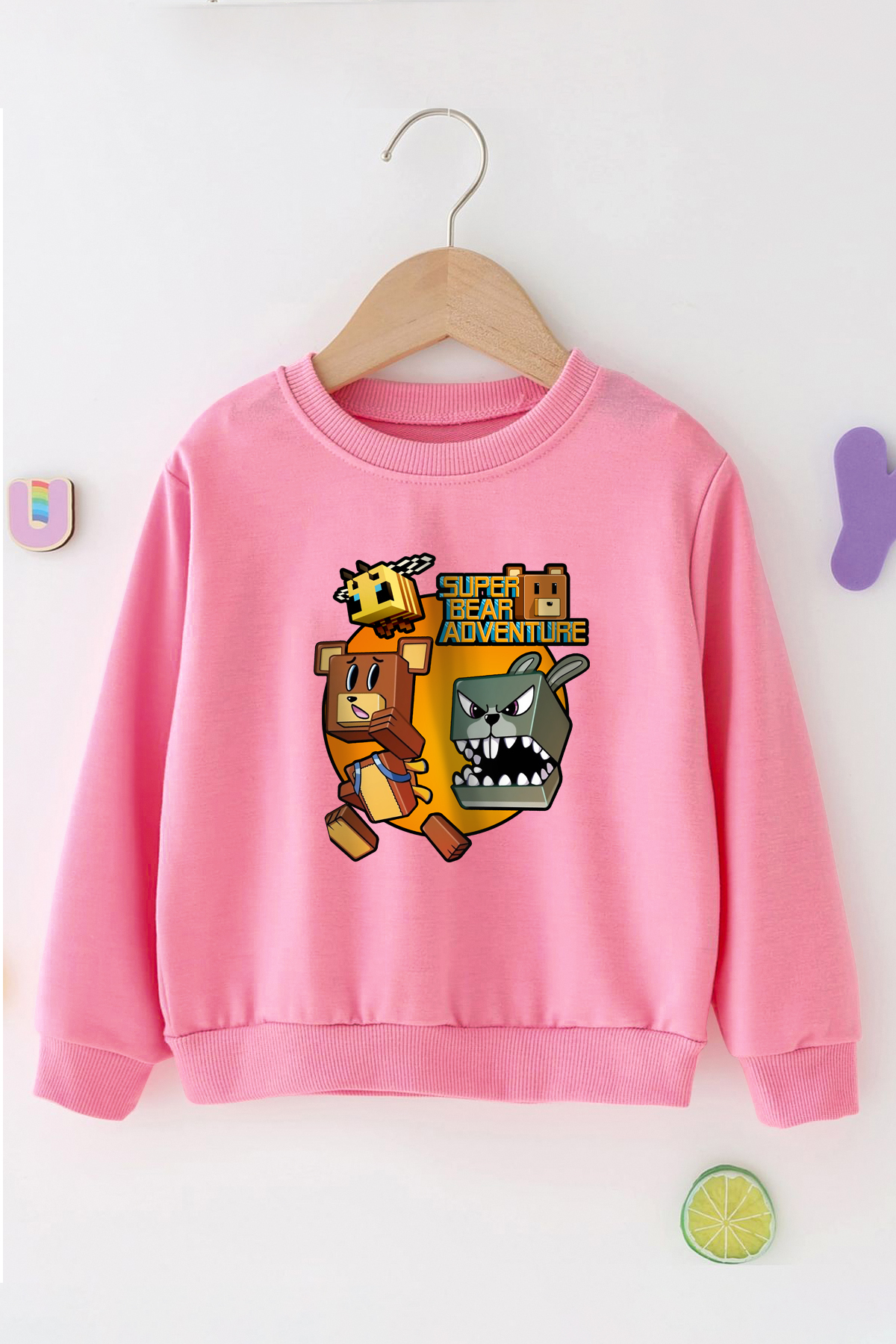 Super Bear Play Character Printed Boy and Girl Black Pink Blue Sweatshirt