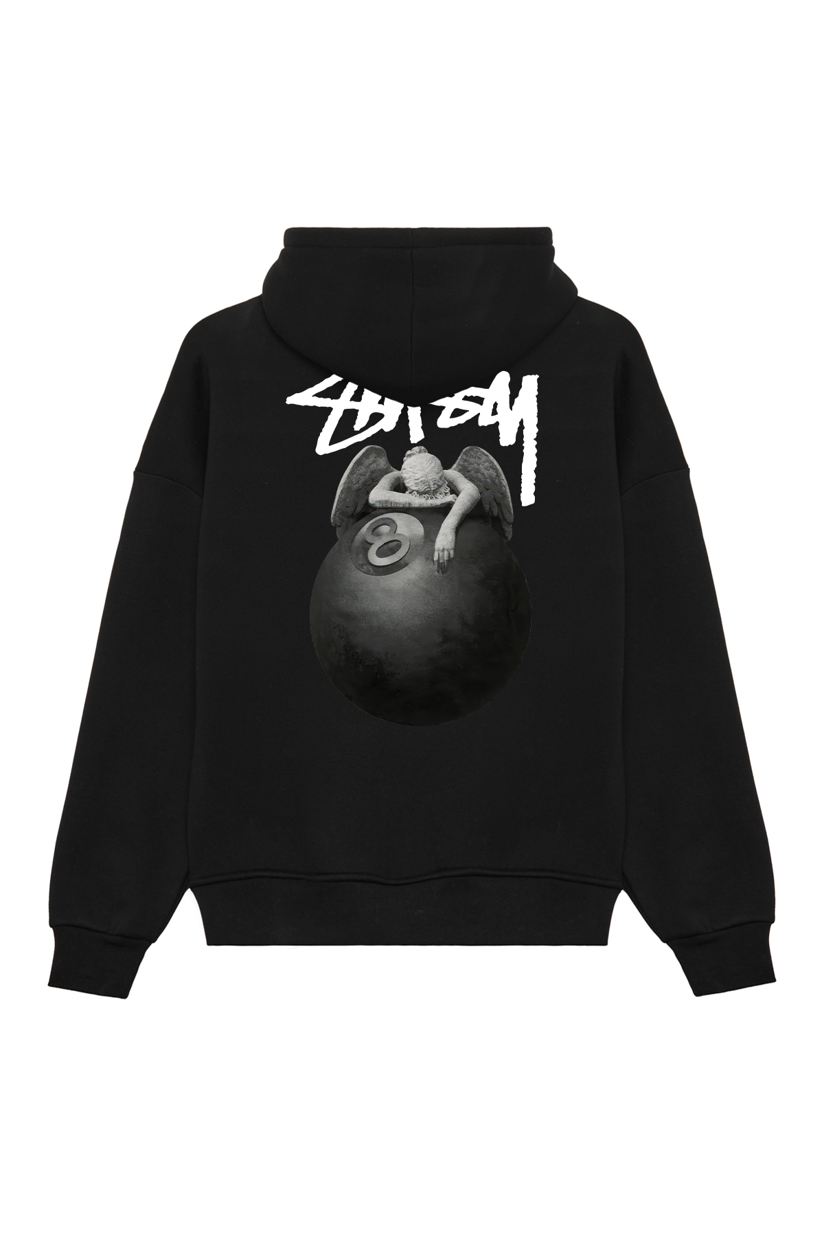 Unisex Melek Baskılı Oversize Bol Kesim Pamuklu 3 İplik Şardonlu Siyah Kapüşonlu Sweatshirt RF0612