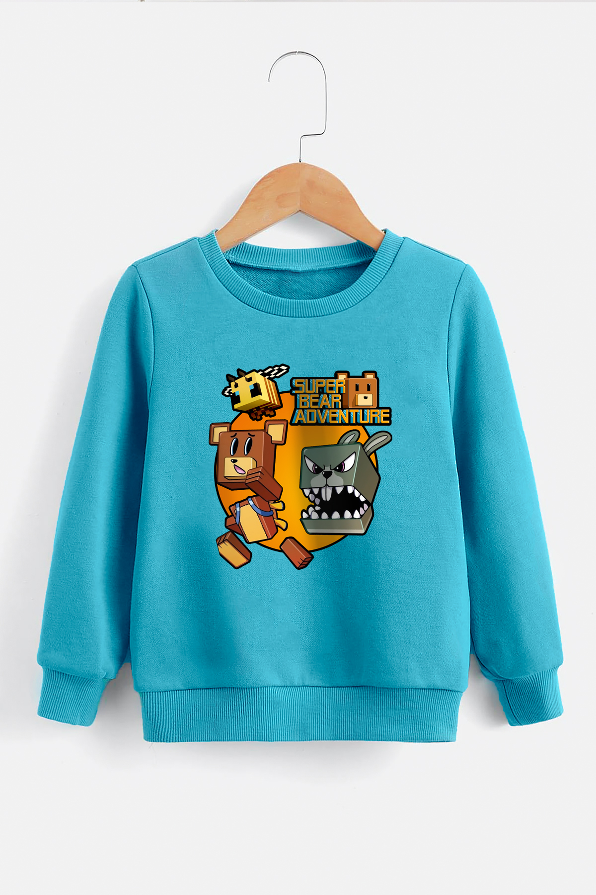 Super Bear Play Character Printed Boy and Girl Black Pink Blue Sweatshirt