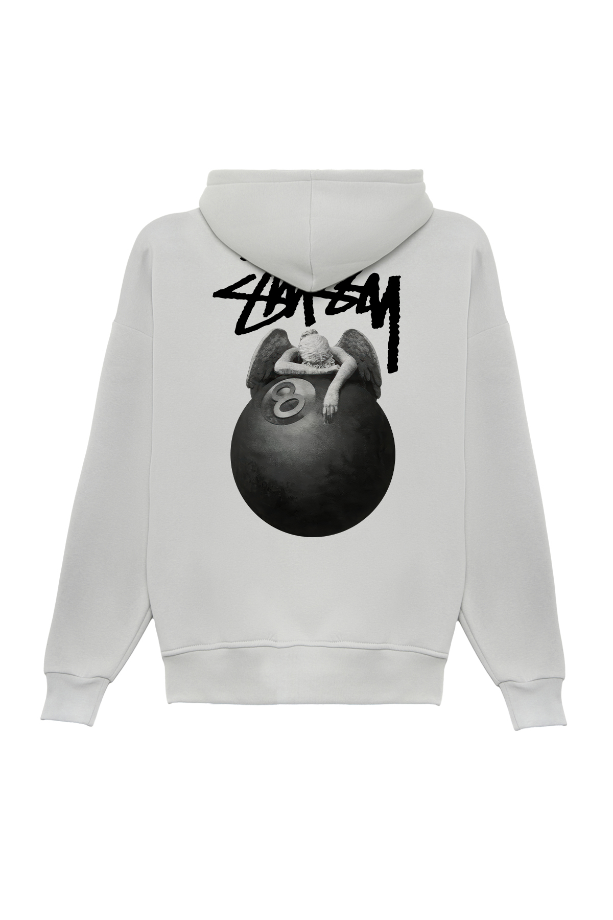Unisex Melek Baskılı Oversize Bol Kesim Pamuklu 3 İplik Şardonlu Gri Kapüşonlu Sweatshirt RF0612