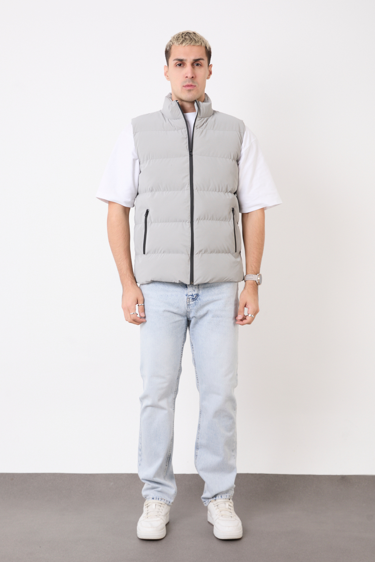 blayn jeans Erkek Krem Şişme Yelek, Hafif, Dik Yaka, Günlük Kullanım görsel 2