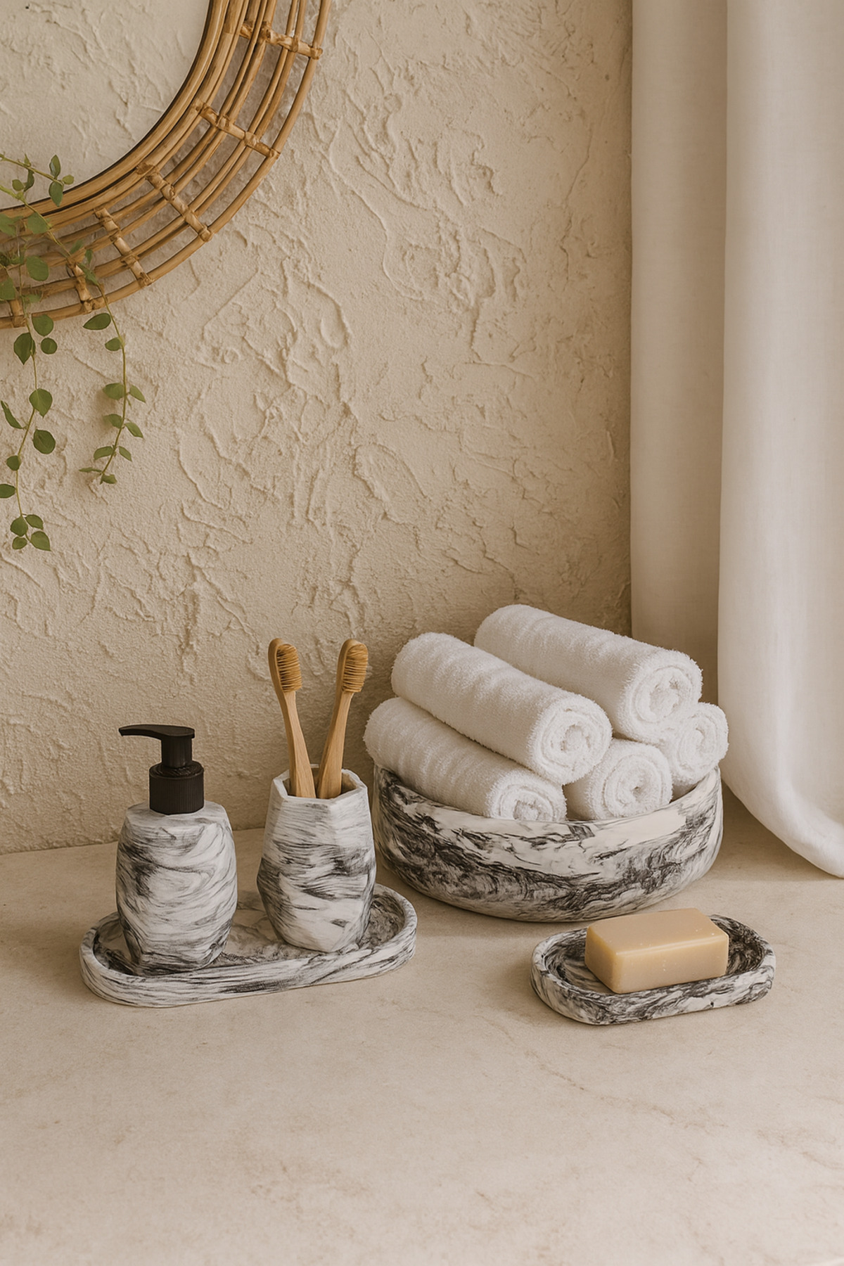 Decorative 5-Piece Marble Pattern Geometric Bathroom Set Liquid/Solid Soap Dispenser Toothbrush Holder Tray Towel Holder