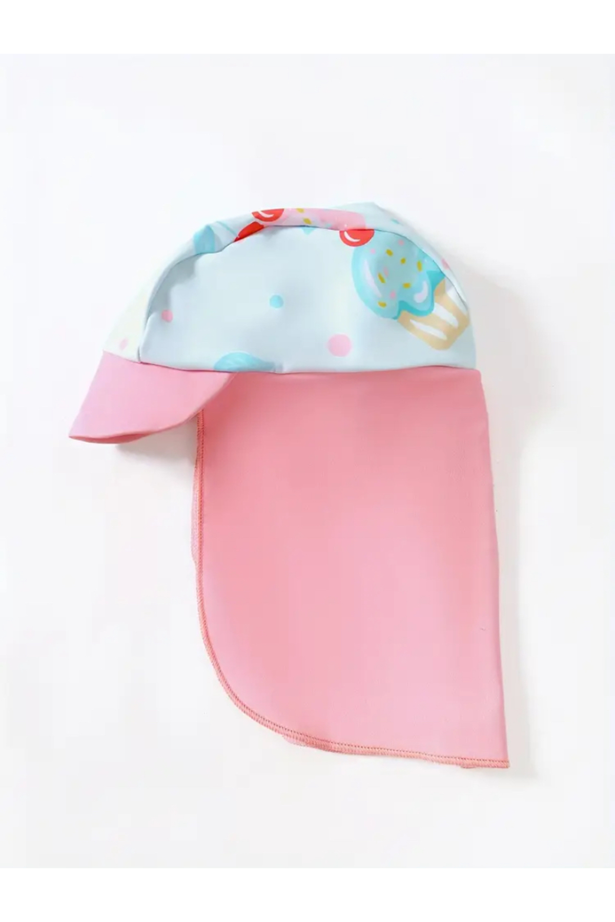 MODA Kız Bebek Cupcake Desenli Fermuarlı Kısa Kollu Tulum Mayo ve Şapka Seti fotoğrafı 3 (önizleme)