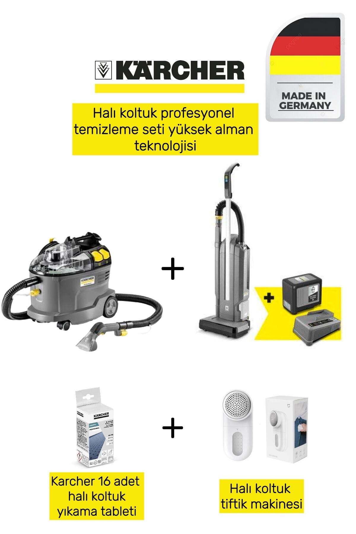 Karcher Kärcher Halı & Koltuk Yıkama Prime Set: CV 30/2 Bataryalı, Puzzi 8/1, RM 760, Tiftik Makinesi