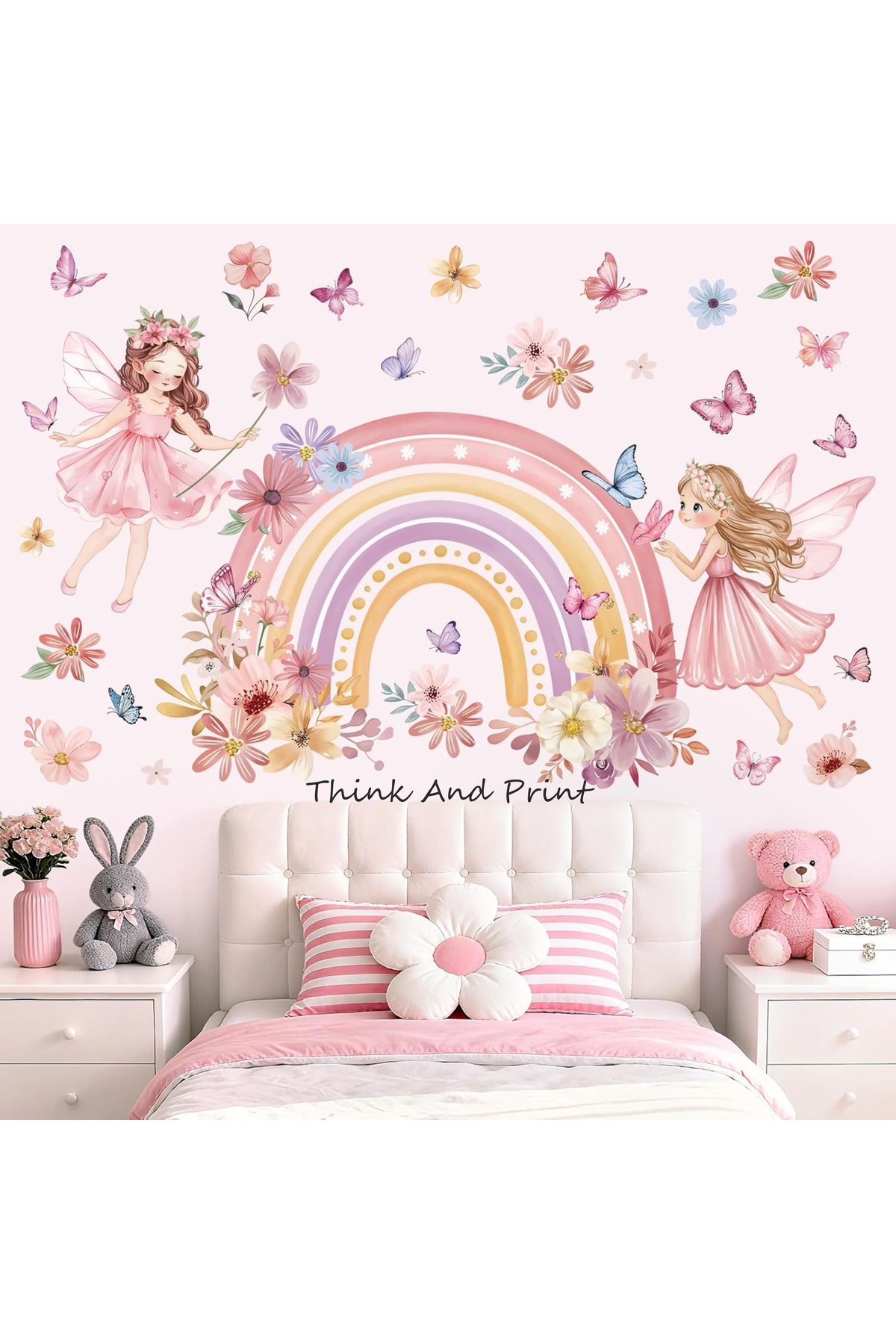 Girls Room Wall Sticker Set Oversized Pink Fairy Butterfly Rainbow Decor Kids Room Wall