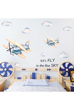 Vintage Mavi Uçak Bebek & Çocuk Odası Duvar Sticker Çıkartma Seti AY84084