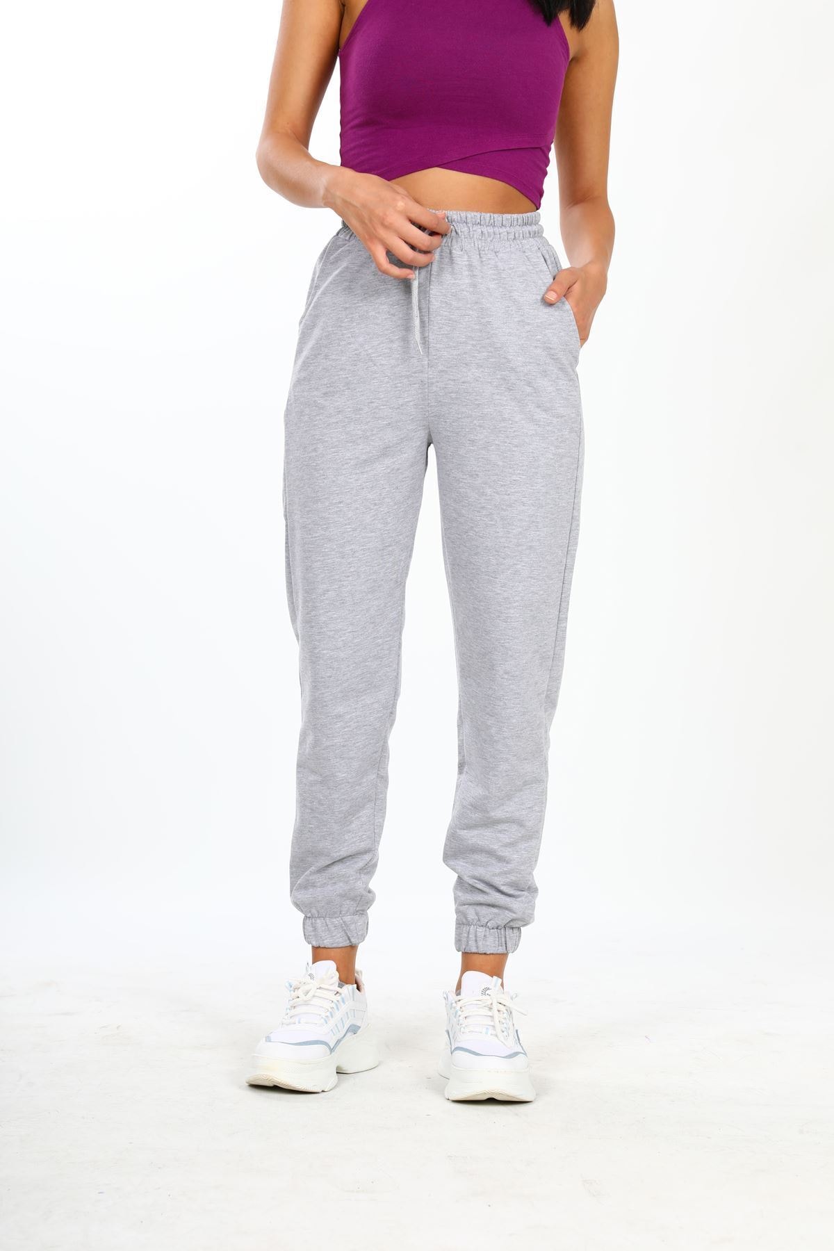 No77 Collection Дамски сив еластичен спортен панталон с две нишки