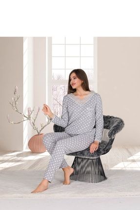 Dantelli Gri Puantiyeli Kadın Pijama Takımı PLWM0001113
