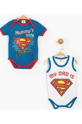 Bebek Mavi Beyaz Süpermen Mom Dad Ikili Body Takım AT-SUP-WB-LET