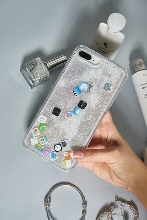I Phone 8 Plus Uyumlu Sosyal Medya Ikonlu Gümüş Simli Şeffaf Silikon Telefon Kılıfı MTK129