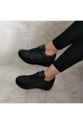 Ortopedik Yüksek Taban Sneaker Kadın Spor Ayakkabı Cilt Siyah PRL11