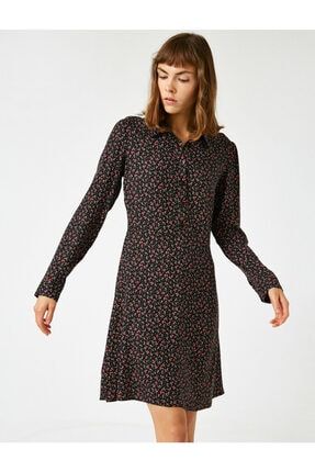 Kadın Siyah Gömlek Yaka Uzun Kollu Çiçekli Elbise 0KAL88471RW