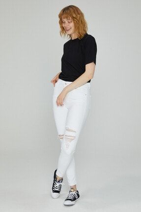 Kadın Beyaz Skinny Fit Yırtıklı Sıra Kot Pantolon RA 3999