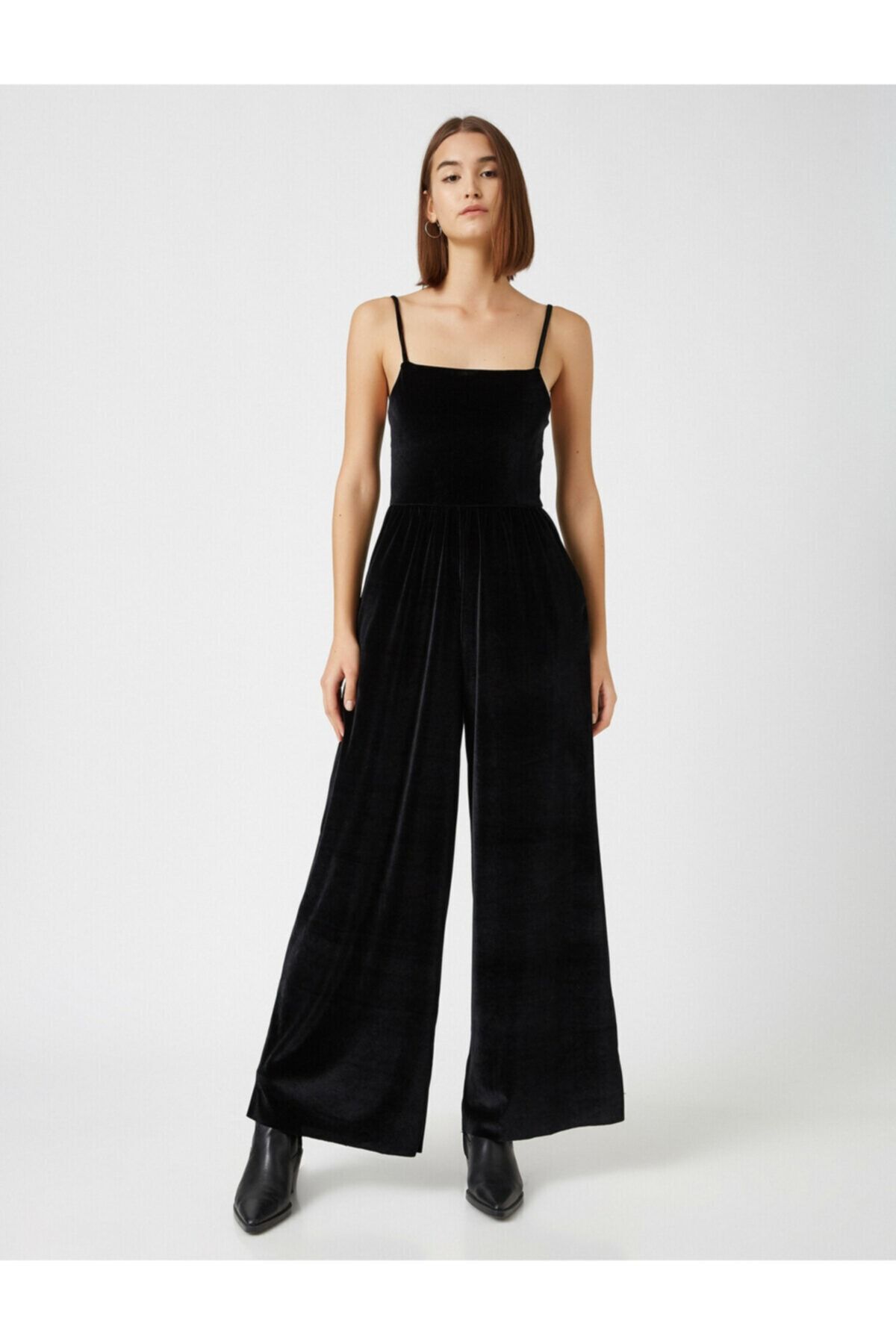 Koton Women s Black Thin Strap Velvet Jumpsuit