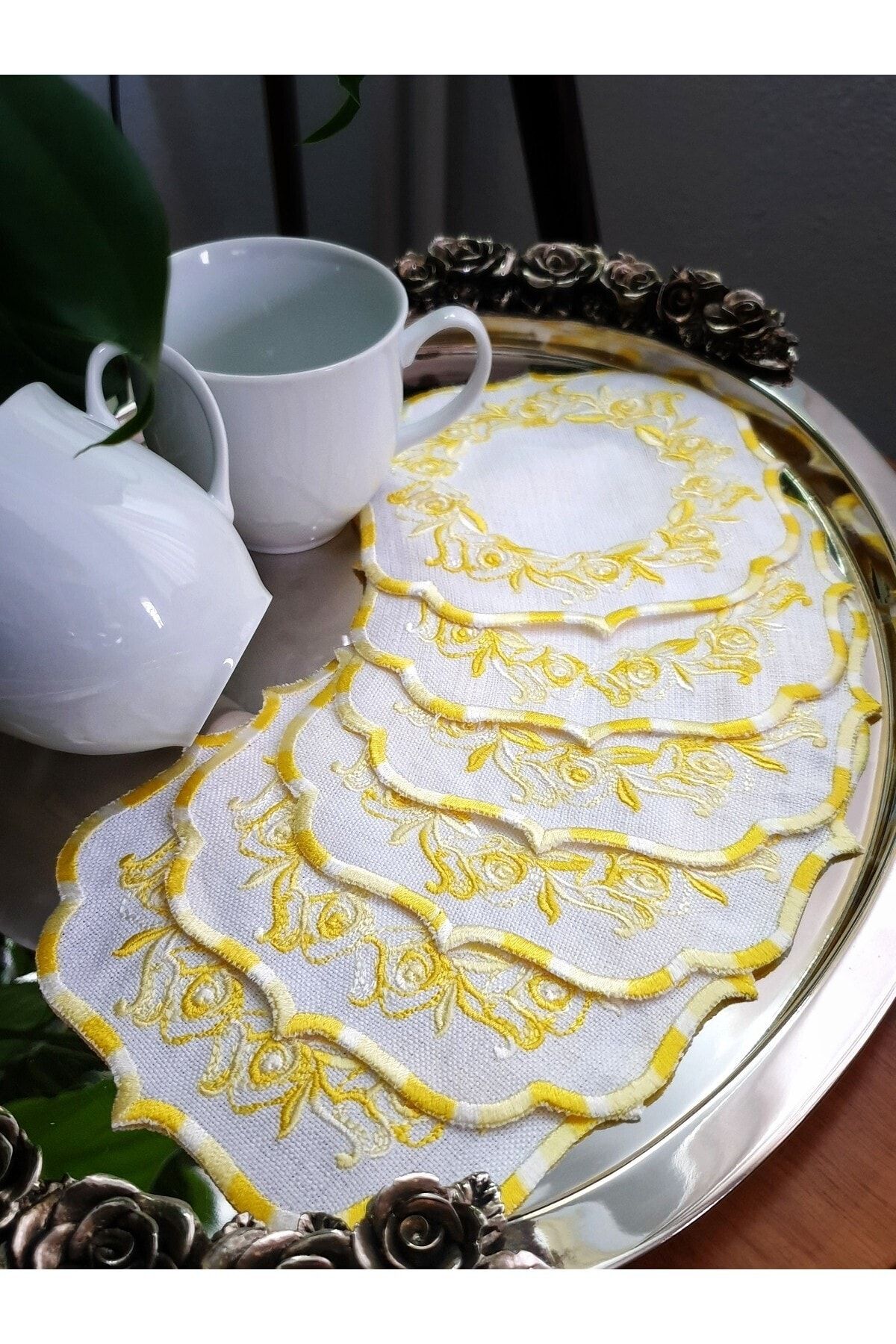 Tanem Home Gardenia Fabric Embroidered Stain Proof Yellow Coasters