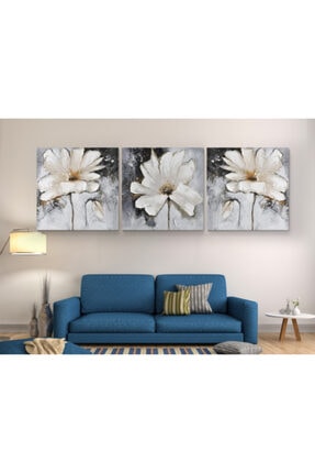 Çiçekli Desenli Gri Beyaz Renklerde 3 Parçalı Kanvas Tablo 40x40, 40x40, 40x40 Cm M3794-40x40