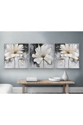 Çiçekli Desenli Gri Beyaz Renklerde 3 Parçalı Kanvas Tablo 50x50, 50x50, 50x50 Cm M3794-50x50