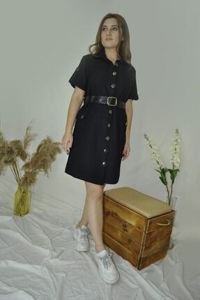 Kadın Siyah Düğmeli Denim Elbise Gd1040