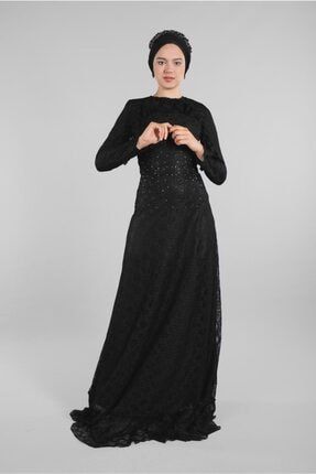 Kadın Siyah Fır Fır Detaylı Dantel Abiye Elbise 60004 19YABLT60004