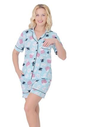Kadın Mavi Kedi Desenli Pijama Takımı GYMX000293