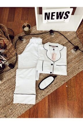 Beyaz Üzeri Siyah Biyeli Uzun Kollu Pijama Takımı SRBL-E100640