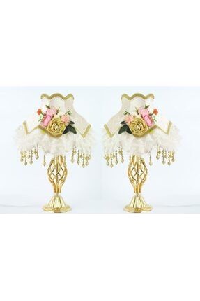Iki Adet Çiçek Dekorlu Abajur Gold Beyaz Klasik Model PRA-2165623-0196