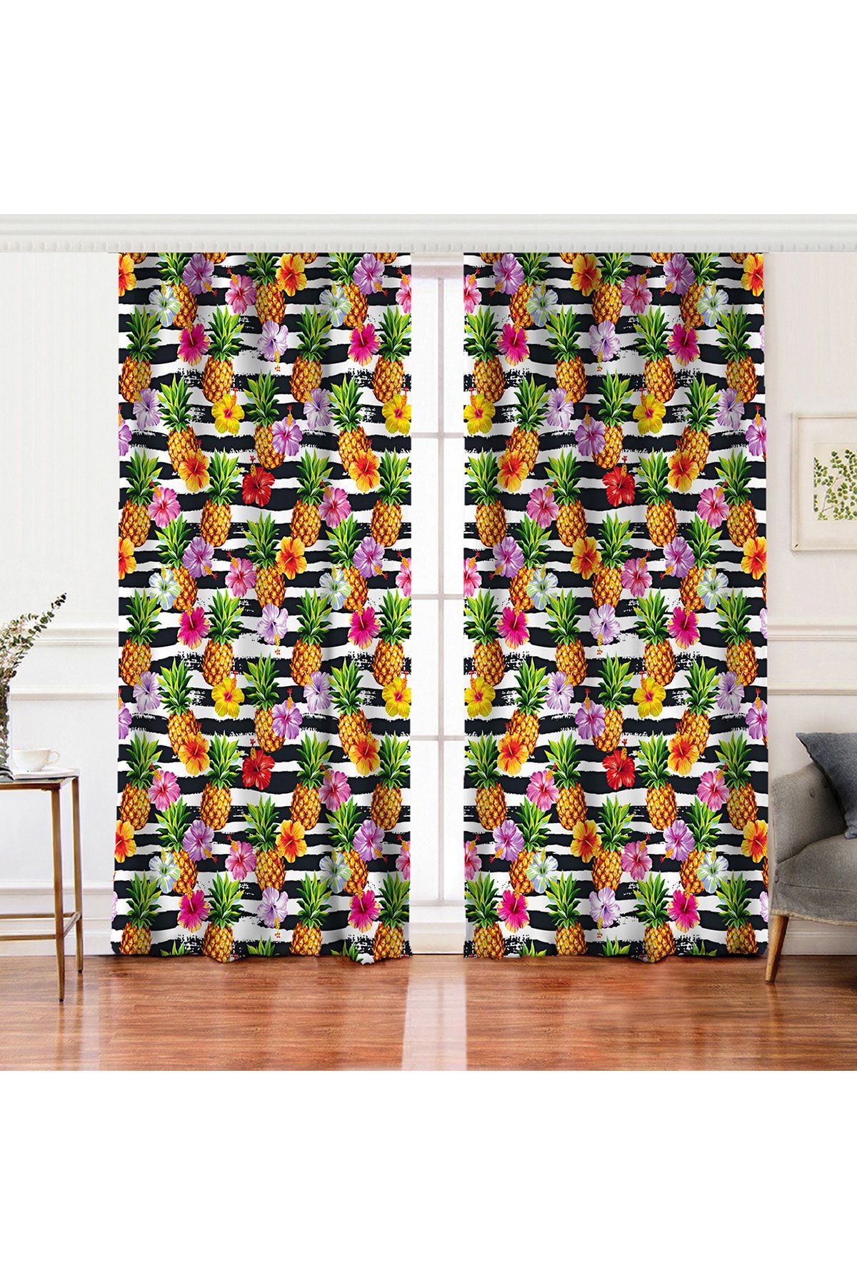 Realhomes Aripă Dublă, Fundal Negru, Ananas Colorat, Design Special, Perdea De Fundal Pentru Sufragerie - 280 x 260